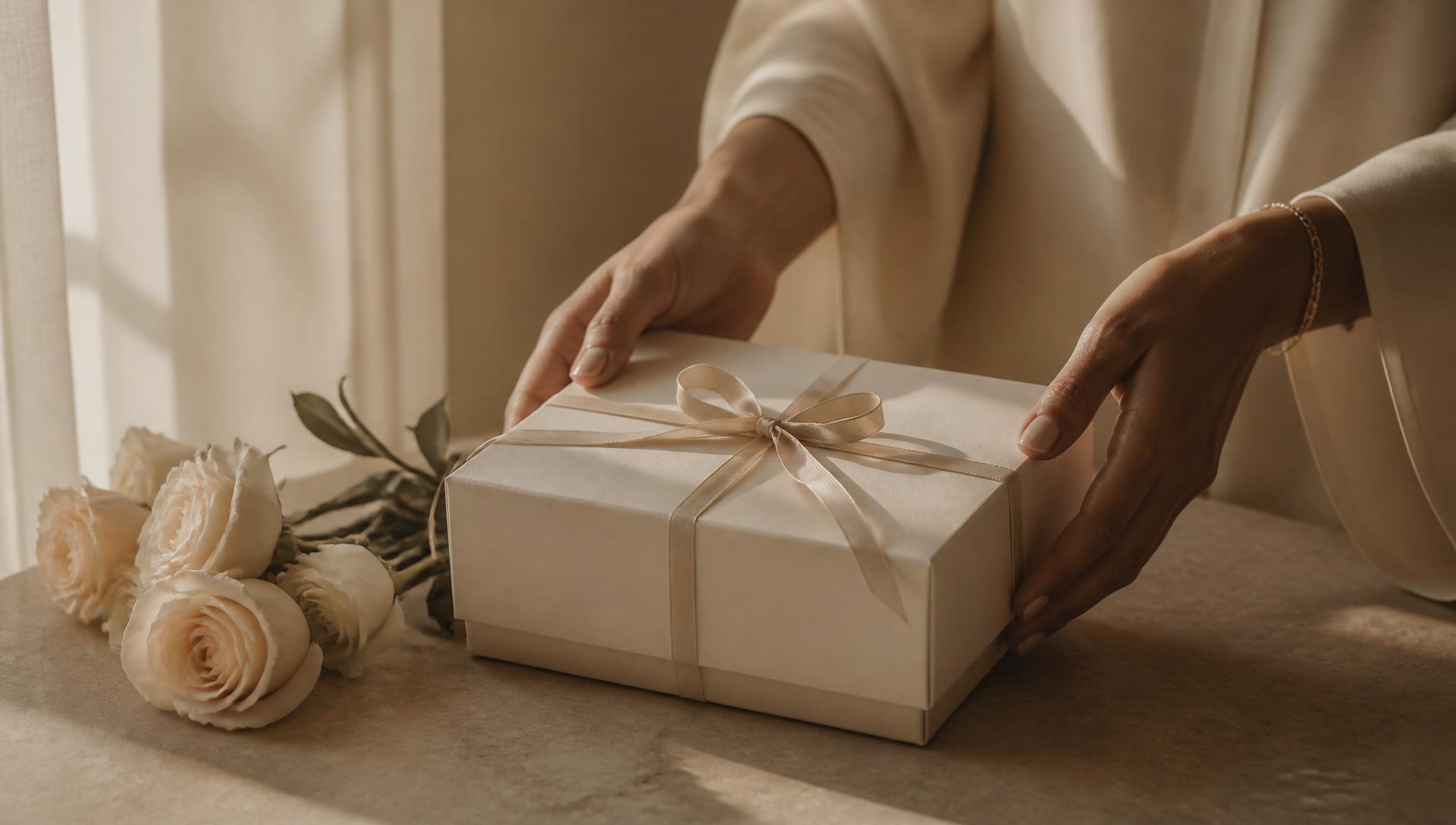 Un cadeau Manso remis à la main, coffret ivoire et roses pâles