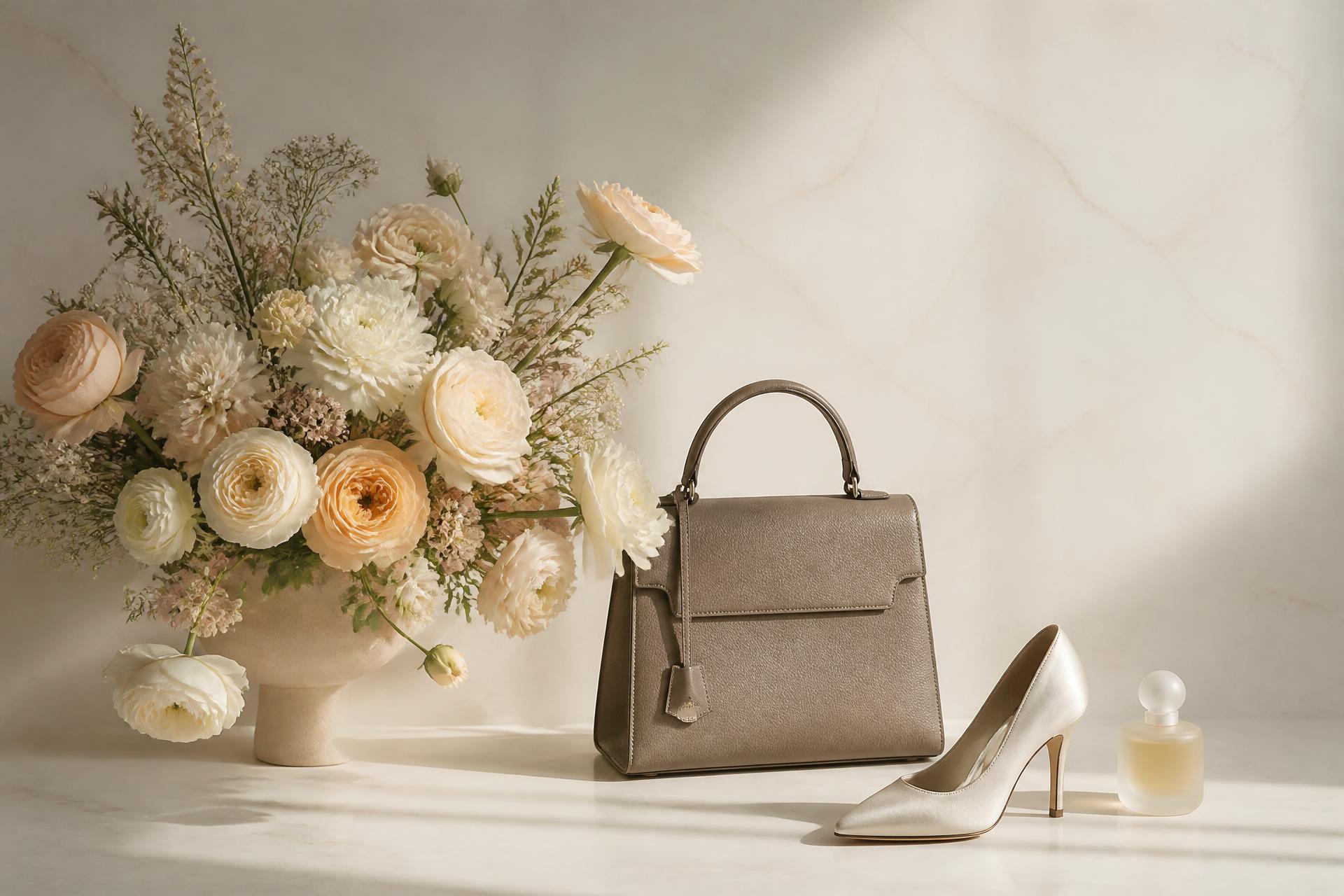 Composition Manso : bouquet d’exception, sac à main, escarpin et flacon de parfum sur pierre ivoire