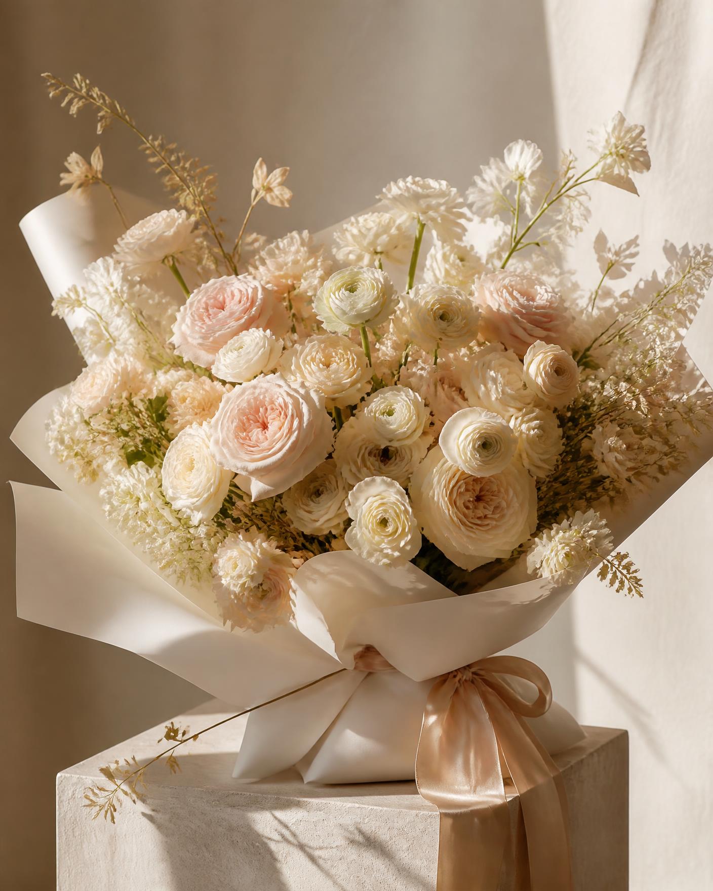 Bouquet signature Manso, roses de jardin et ruban champagne